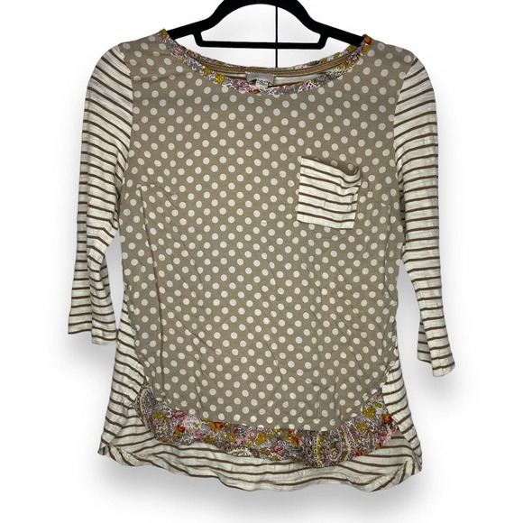 Postmark Anthropologie Mixed Print T-shirt Size XS Beige Ivory Polka Dot Stripe - Picture 1 of 11